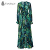 Vintacy Long Sleeve Dress Green Tropical Beach Vintage Maxi Dresses Boho Casual V Neck Belt Lace Up Tunic Draped Plus Size Dress
