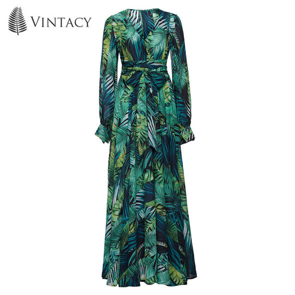 Vintacy Long Sleeve Dress Green Tropical Beach Vintage Maxi Dresses Boho Casual V Neck Belt Lace Up Tunic Draped Plus Size Dress