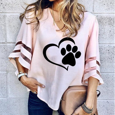 2019 Dropshipping New Fashion Dog Paw Print Women Sexy V-neck Splicing Hollow Plus Size T-Shirt Female Tops Half Sleeve Shirts