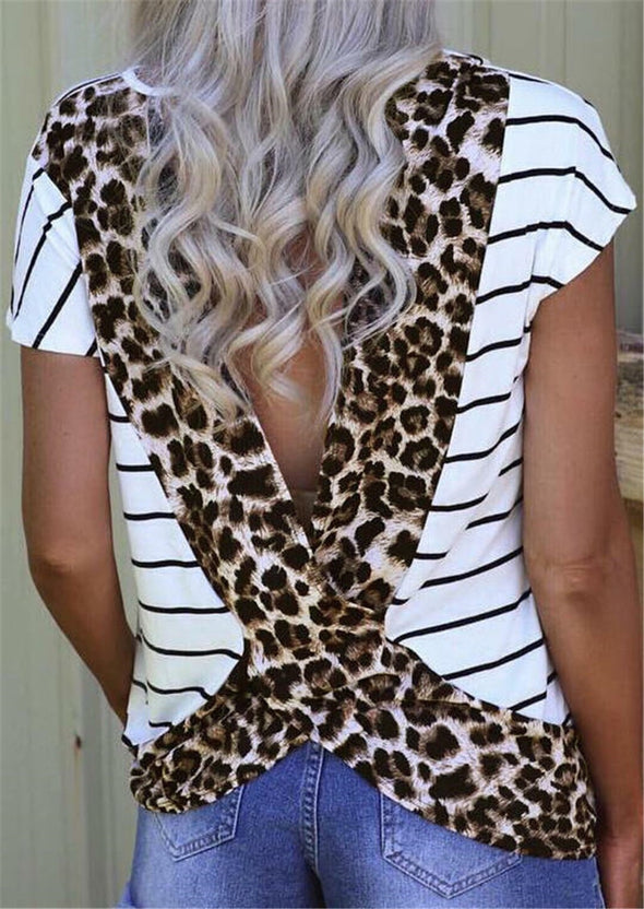 Fashion Women Tees 2019 Summer T-shirt Female Leopard Printed Open Back T-shirt New Stylish Tops tee shirt femme Plus Size